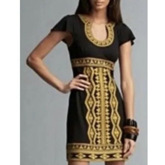 INC international Concepts Embroidered Dress Womens Small Black Gold Boho Chic‎ - Picture 1 of 12